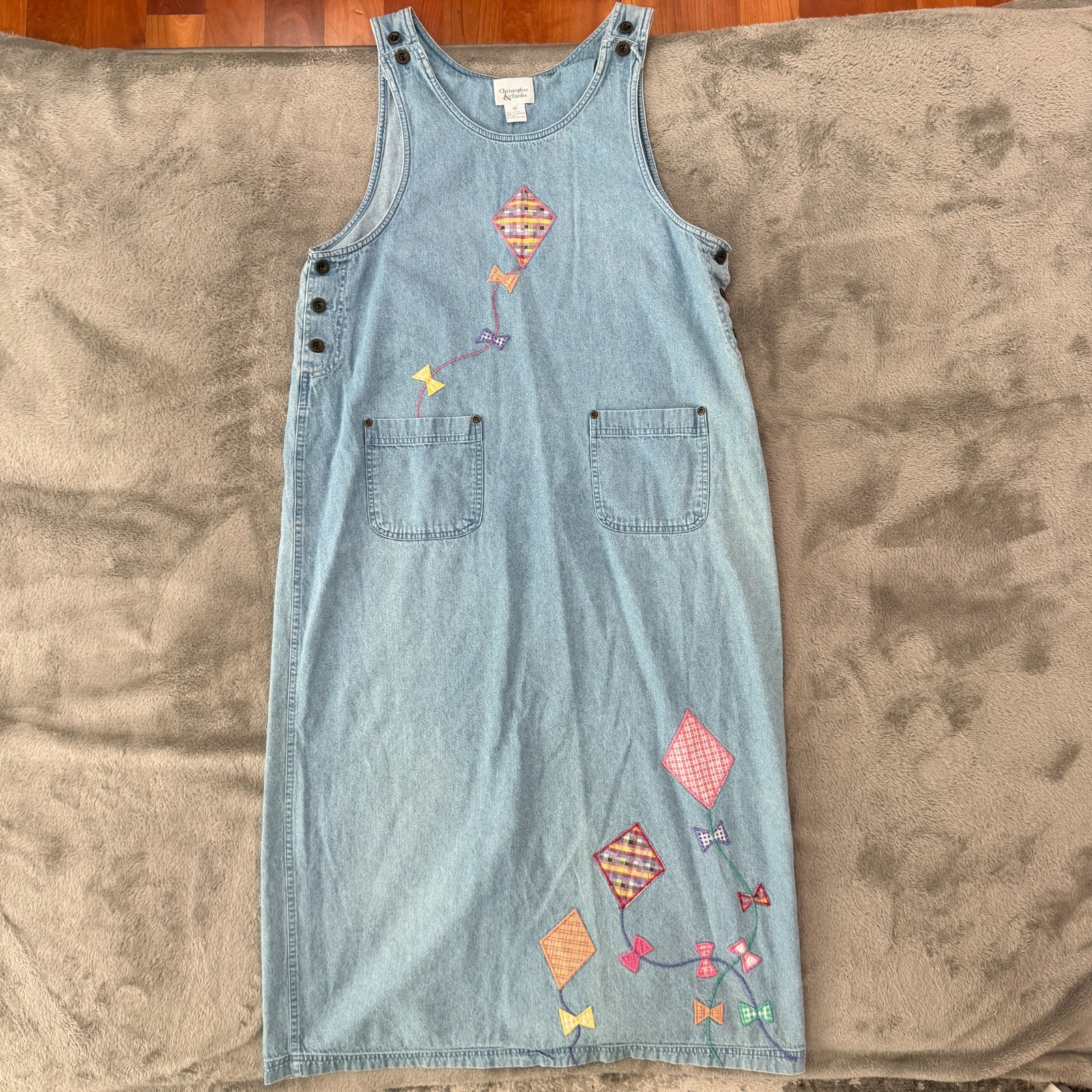 Vintage Overall Jumper Dress 14 Embroidered Novelty Print Kites Teacher Artsy