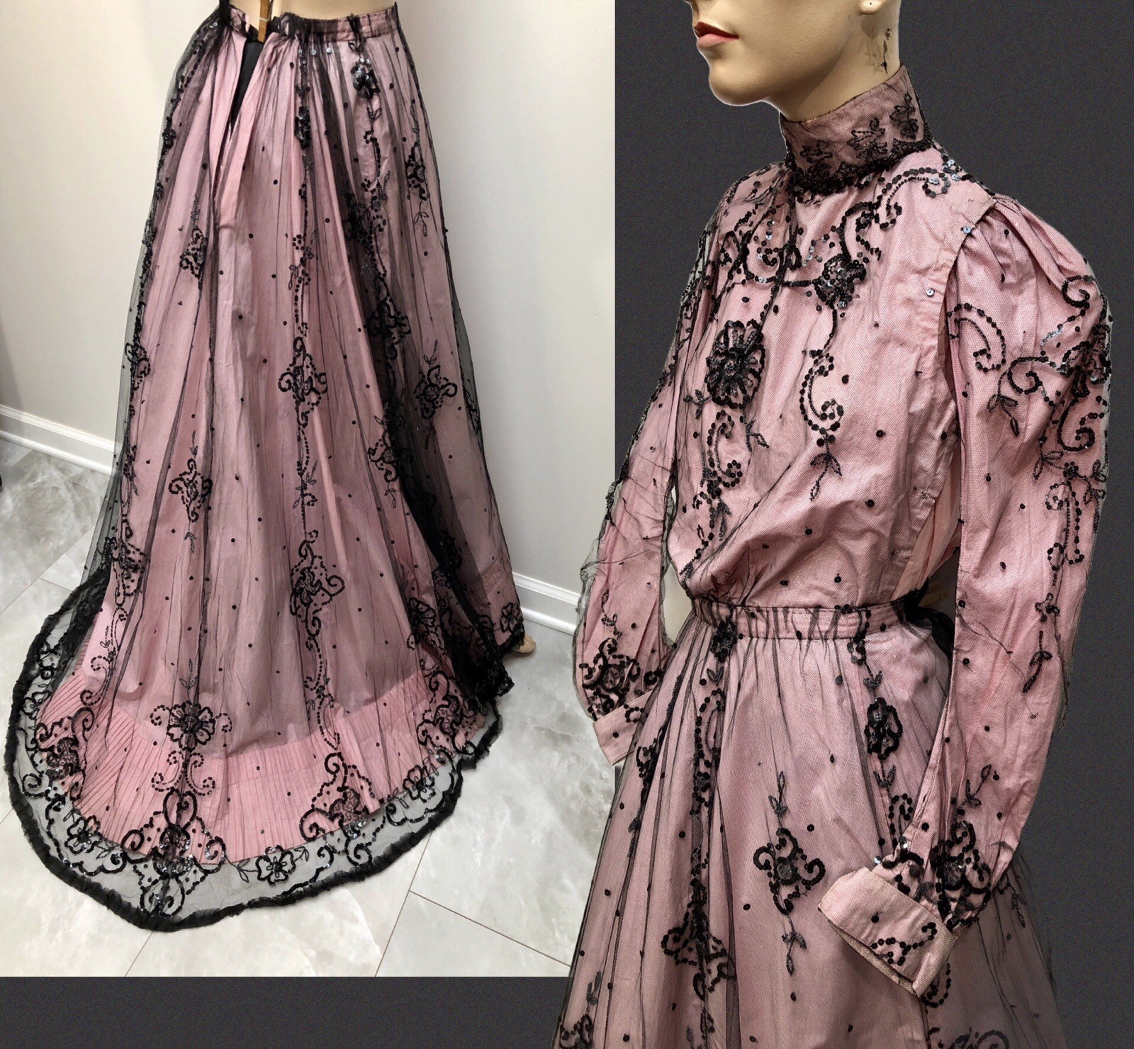 ANTIQUE VICTORIAN Early 1900s GIBSON GIRL PINK+Black JET SEQUIN BEADED 3Pc GOWN
