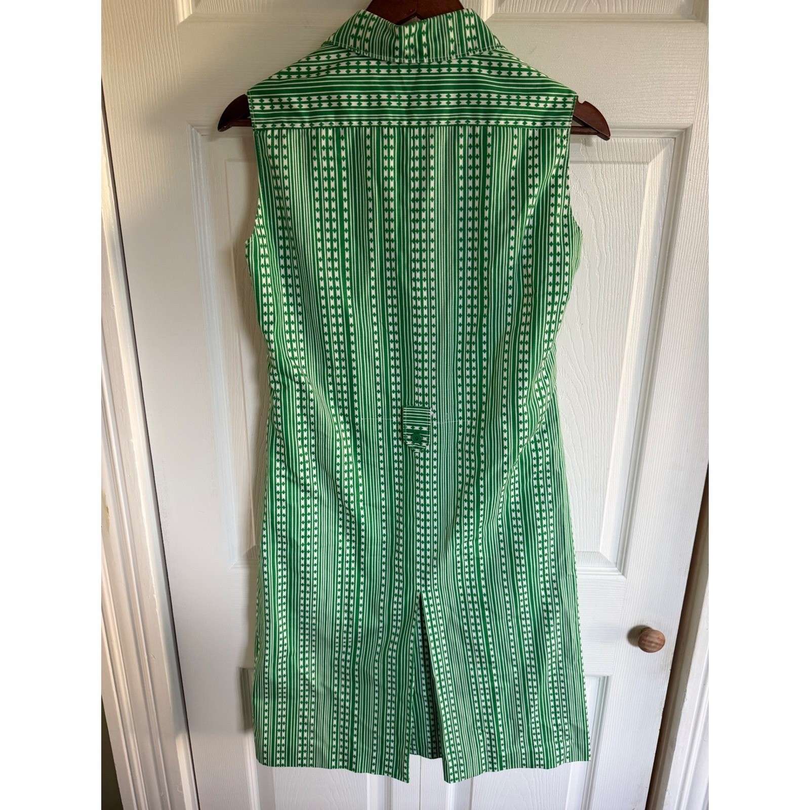 Vintage Wibor Green White Geometric Stripe Sleeveless Shift Shirt Dress 38 70s