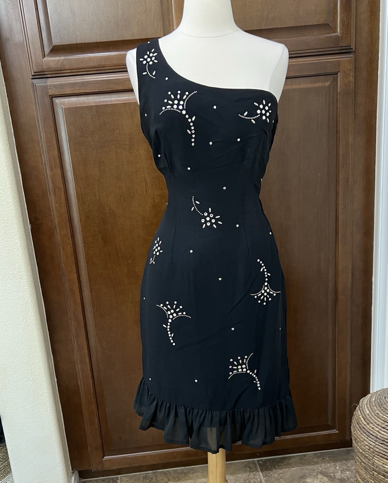 1950’s Lilli Diamond Black Cocktail Dress Rhinestones One Shoulder Ruffled Hem