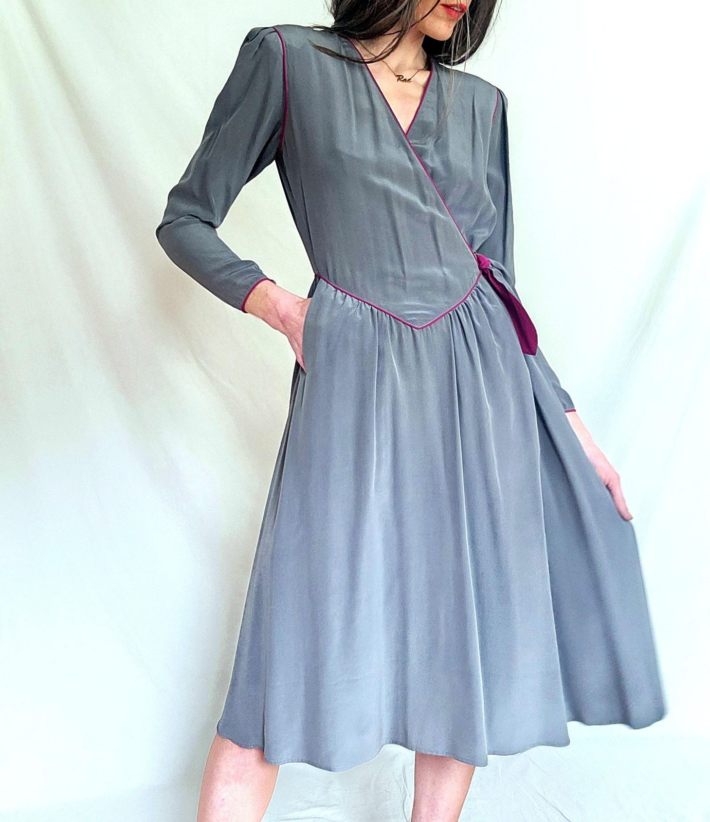 1970s 100% Silk Midi Wrap Dress: Vintage A-line Secretary Dress, 6