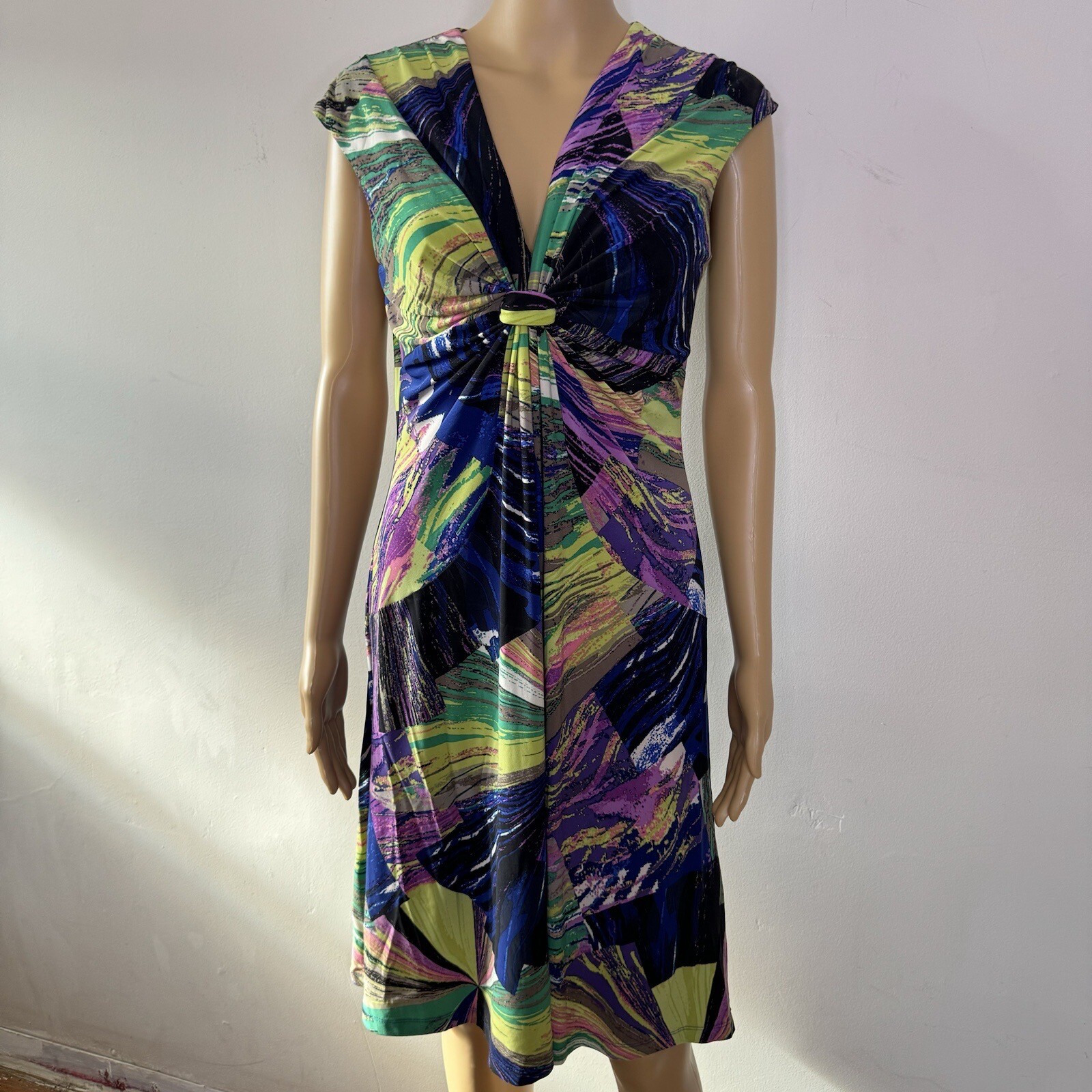 Vintage Y2K Nine West Abstract Tie Front V-Neck Midi Dress Stretch Indie 10