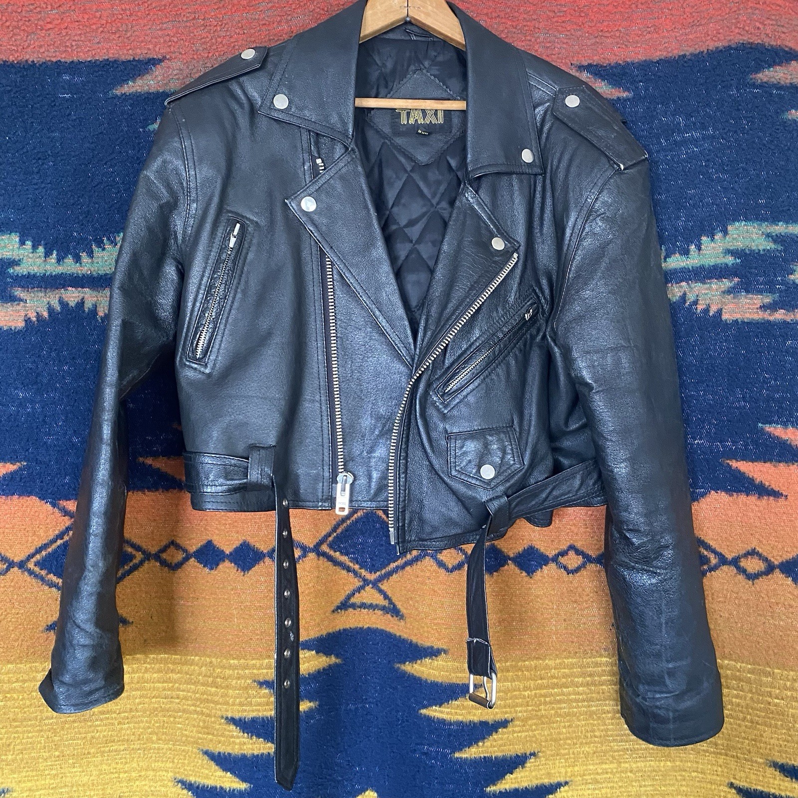 Vintage Taxi 80’s Leather Cropped Jacket. Biker Core. Motorcycle. Unisex. Large.