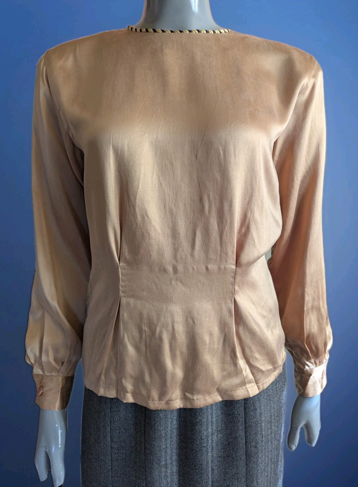 Vintage 1980s Casual Corner 100% Silk Satin-Finish Bronze Blouse Rope Trim 4
