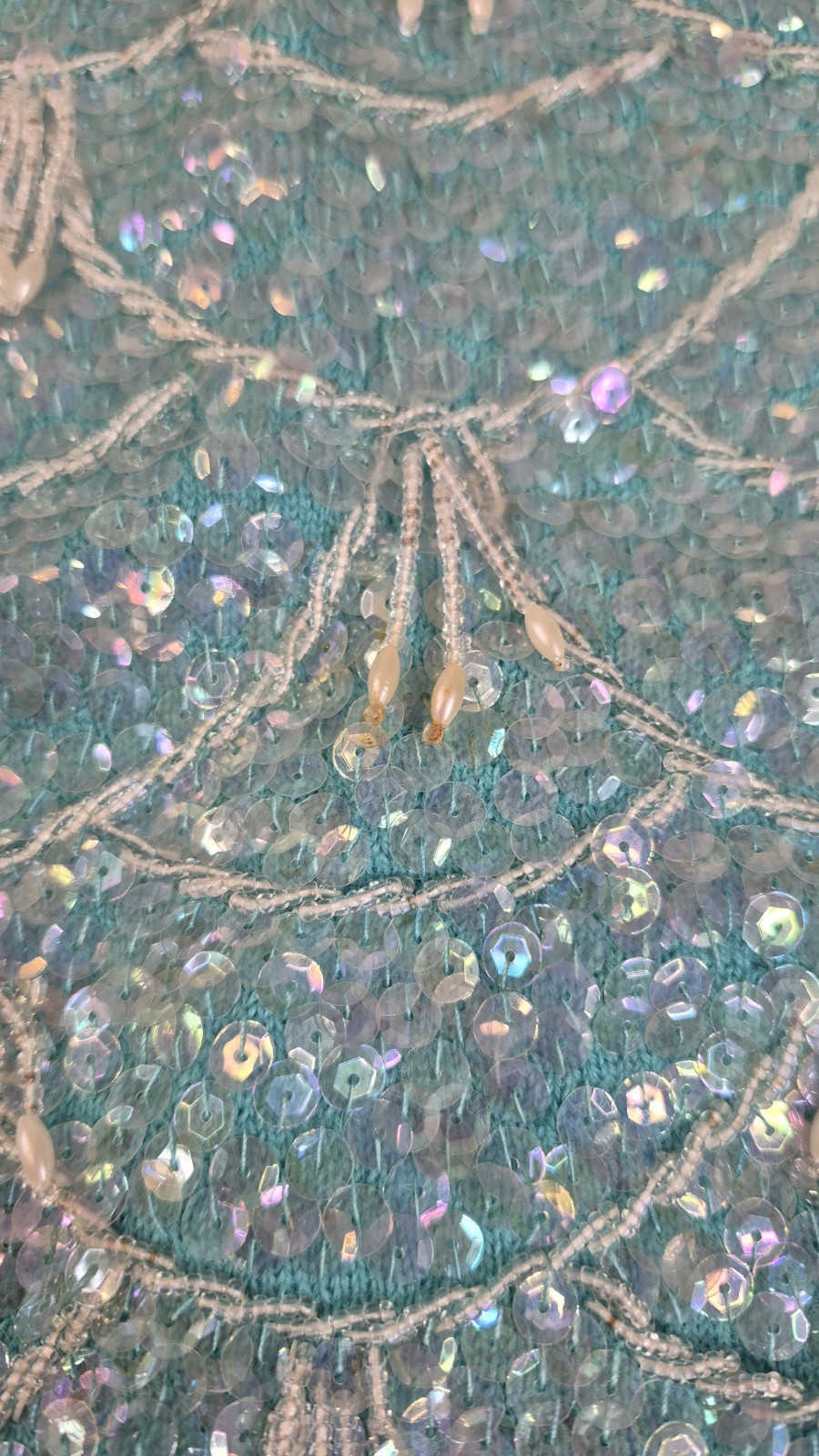 VTG Handmade Wool Sequin Top Womens 34 P2P Aqua Sweater White Beads Fringe
