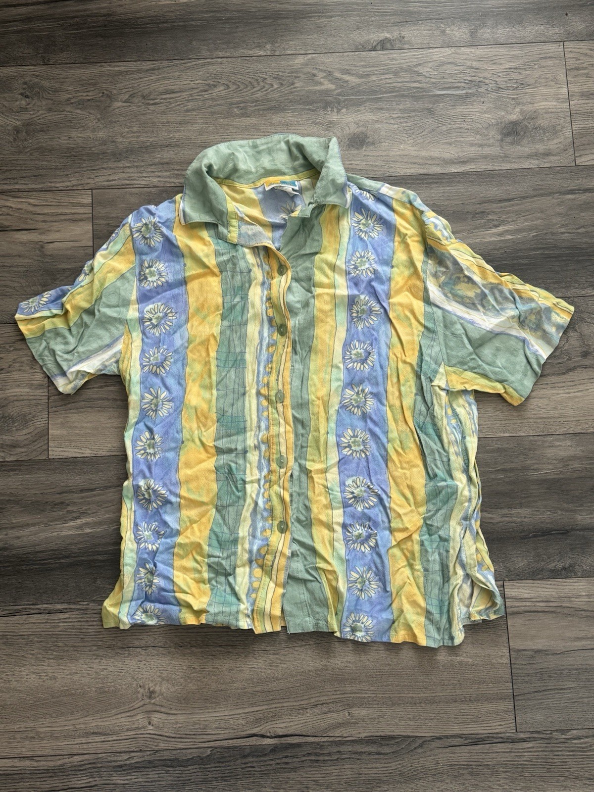 Vintage Sea Suns Striped Pastel Beach Short Sleeve Button Up Shirt Large