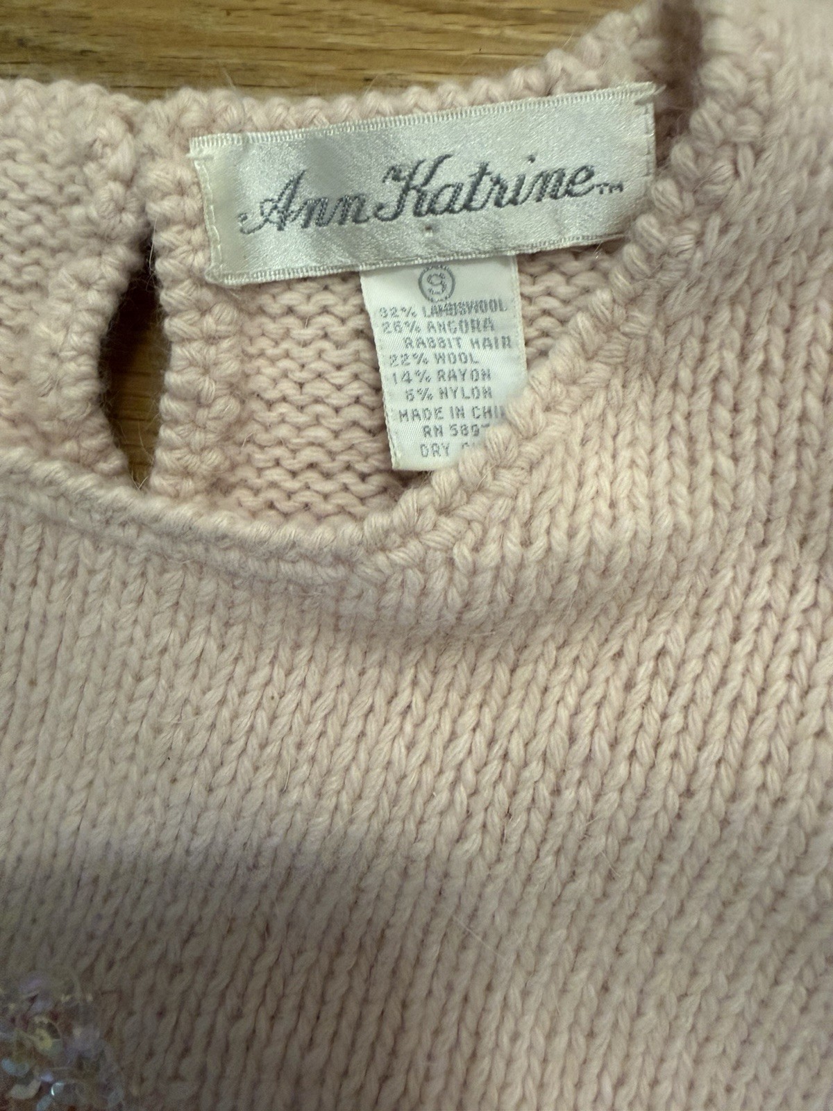 Vintage Ann Katrine S Pink Sequined Short Sleeve Sweater Lambswool, Angora, Wool