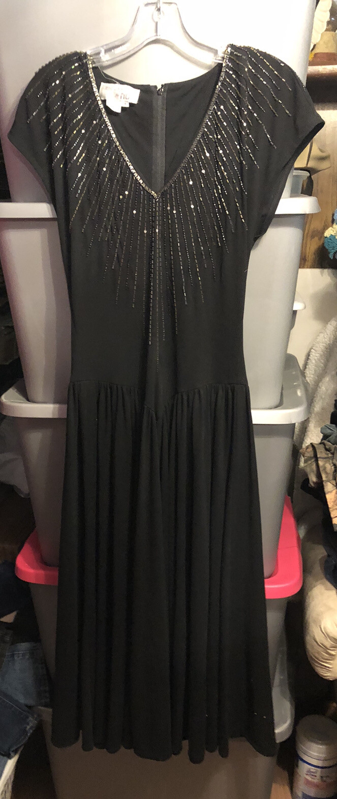 Vintage Ricki Lang Nuit Womens V-Neck Beaded Sequin Bodice Dress Black Size 4