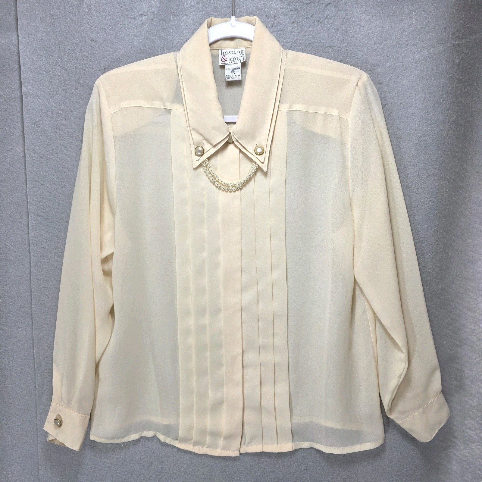 Vtg Hasting and Smith Sheer Blouse Womens 10P Secretary Pearls Yellow Proper 80s