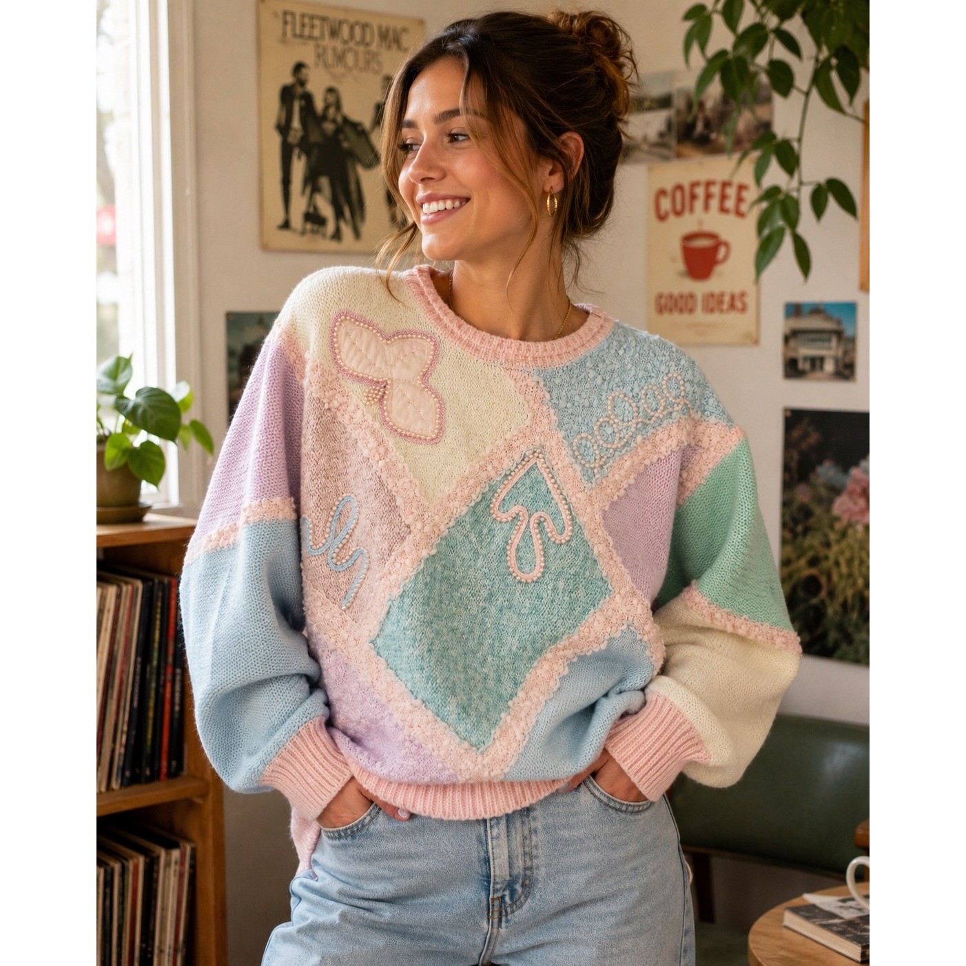Vintage 80’s Pastel Patchwork Beaded Sweater Women’s Halloween Costume Sz S