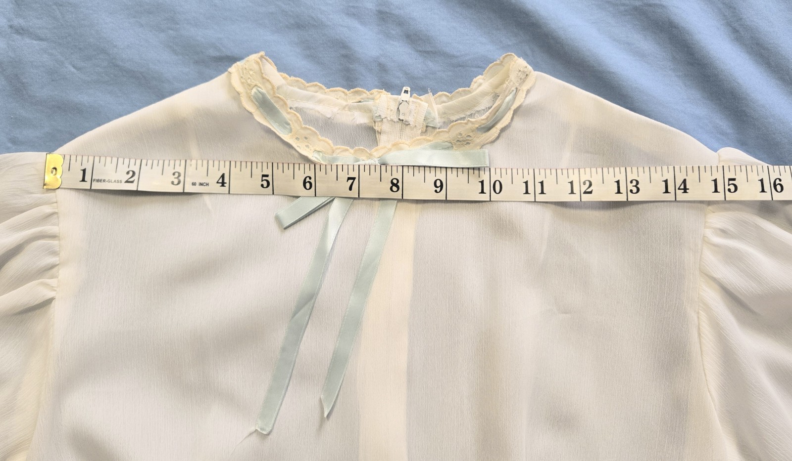 Vintage Simple White Puff Sleeve Circle Skirt Dress with Blue Ribbon Handmade