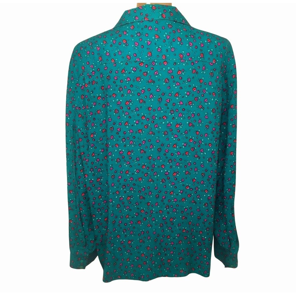 Claude Vintage Fun Floral Button Down Blouse Green Pink 80s Women’s USA 16