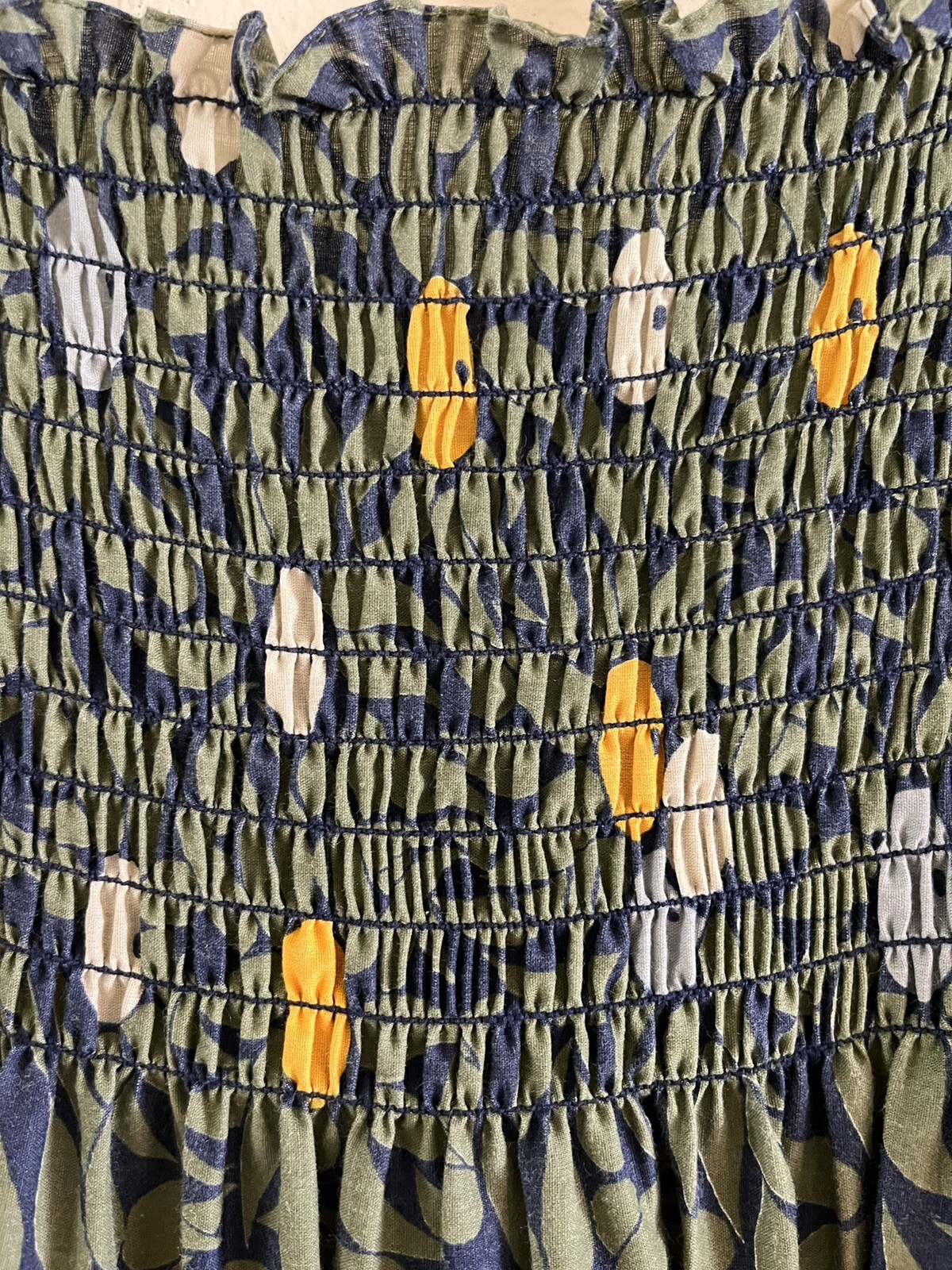 1970s Olive Print Smocked Maxi Dress Cotton Blend Hostess Resort Sundress OS VTG