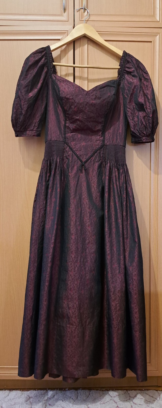Vtg Edwardian Revival Gothic Burgundy Dress S C-D Bust Silk Blend Puff Sleeves