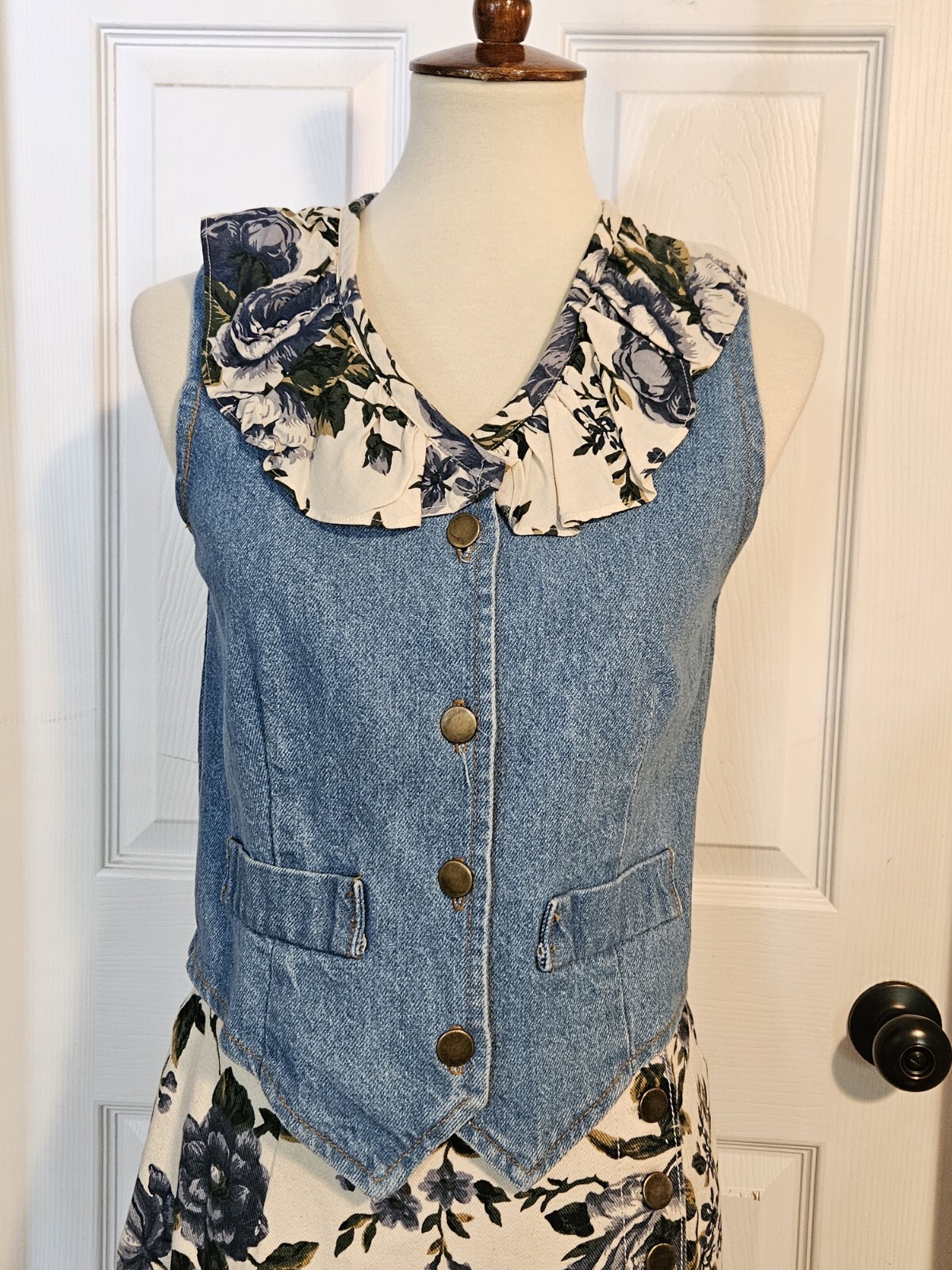 Vintage 90s Denim Skirt Vest Set Size Medium with White And Blue Florals