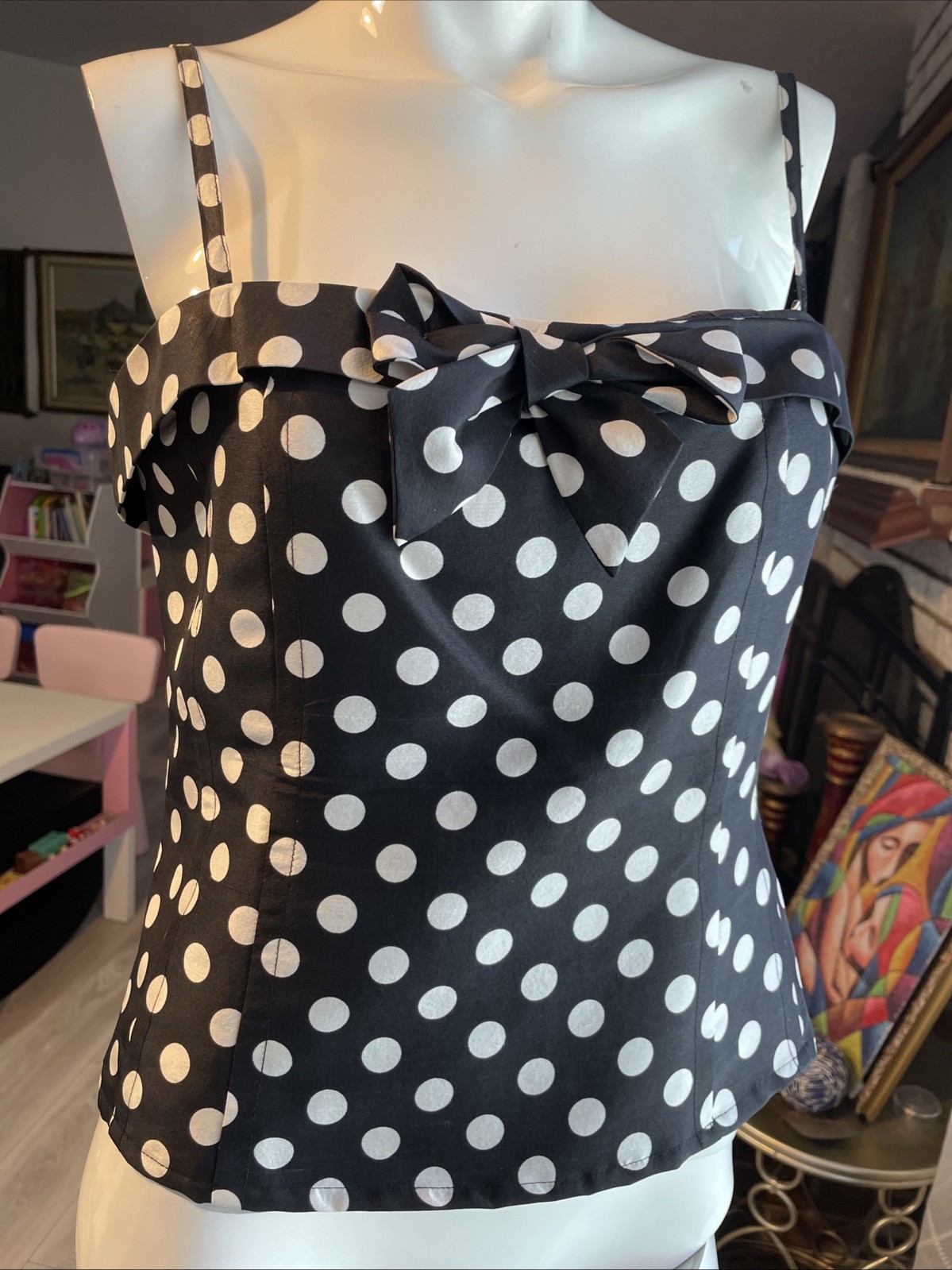 Vintage Silkland Blouse Top BlackWhite 100% Silk Tank Spaghetti Strap SzM