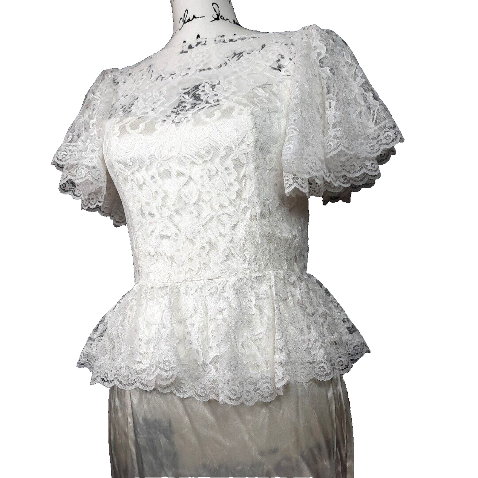 Vtg Diamonds Run Lace Puff Sleeve Peplum Satin Midi Dress Size 8 White Coquette