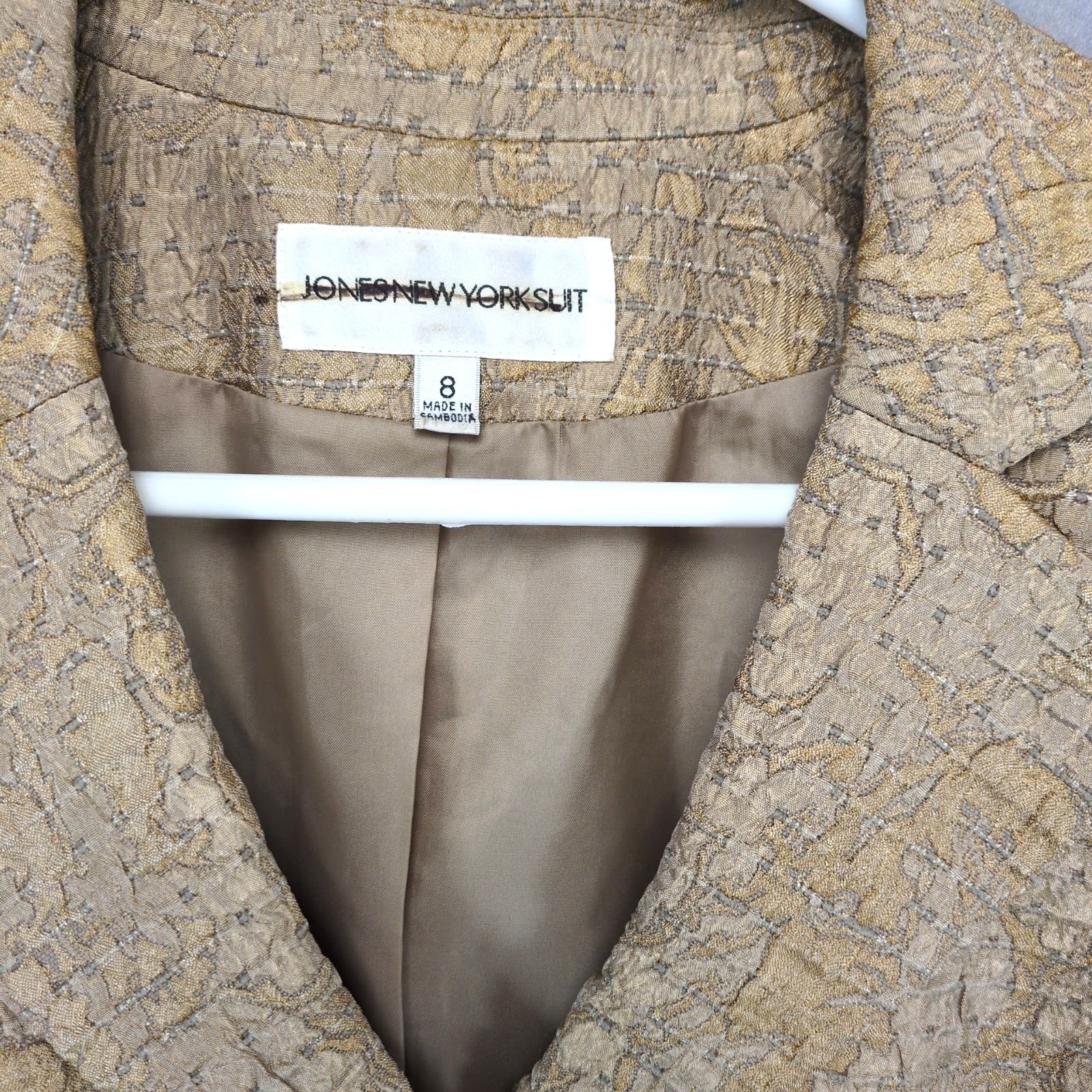 Vtg Jones New York Women’s 8 Gold Animal Print Textured Suit Blazer Preppy Glam