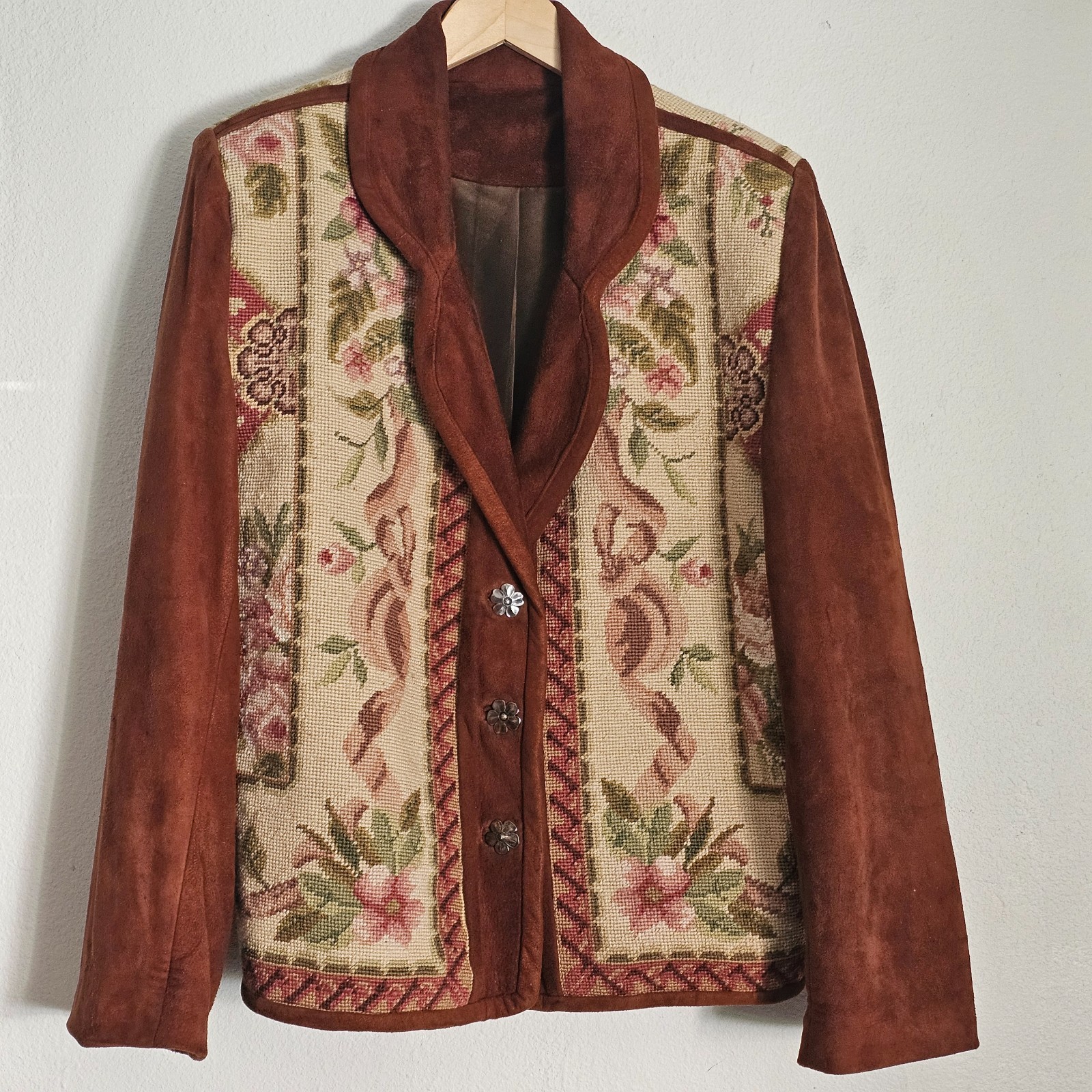 Vtg. BOUCHER Santa Fe Womens Suede Jacket Wool Floral Needle point Tapestry .925
