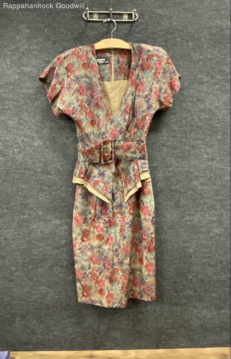 Vintage 80s Dawn Joy Fashions Women’s Multicolor Floral Peplum Belted Dress