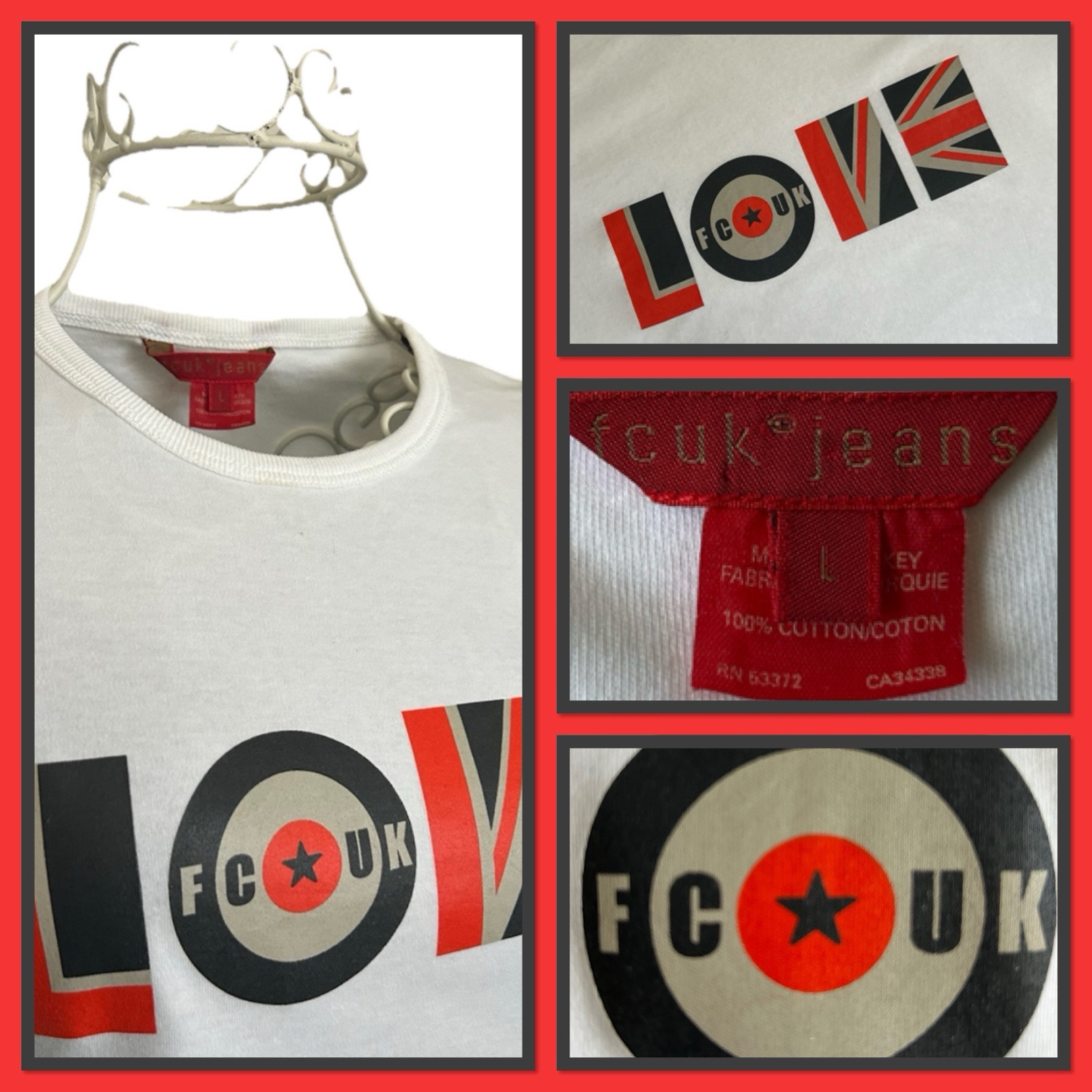 Rare Vintage French Connection UK Junior White Tee Shirt LOVE 🇬🇧 FCUK Size L