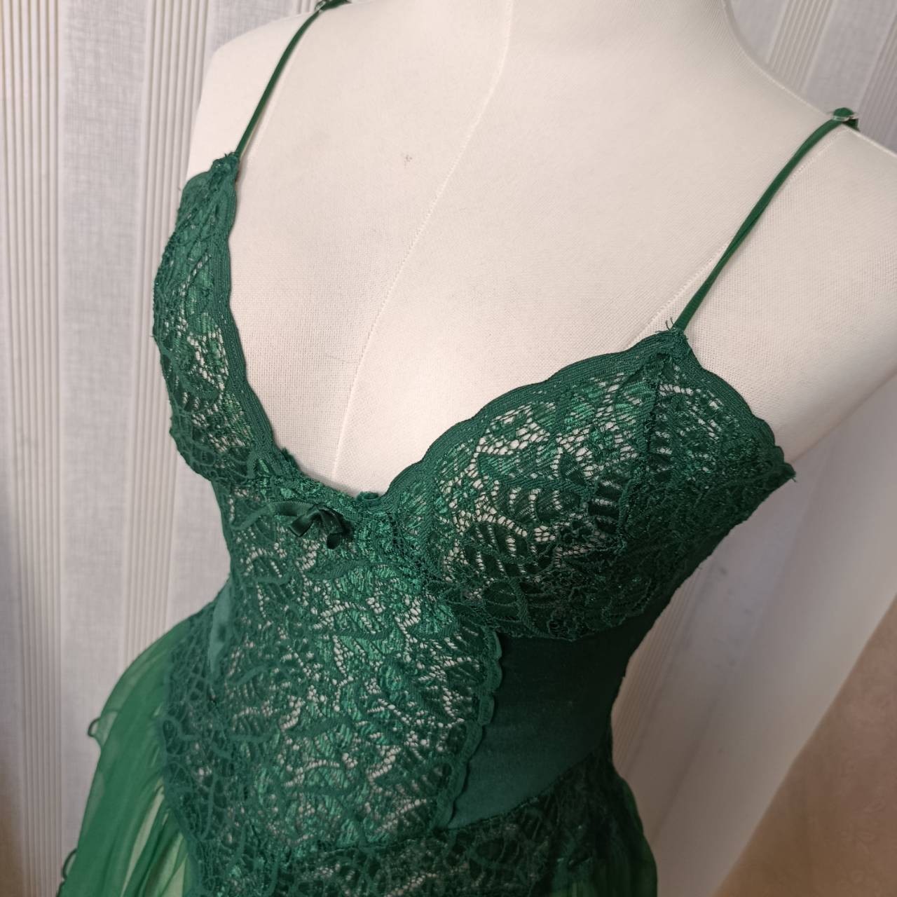 VTG 80s Empire Intimates Green Mesh Babydoll Nightgown Cutout Back Made in USA M
