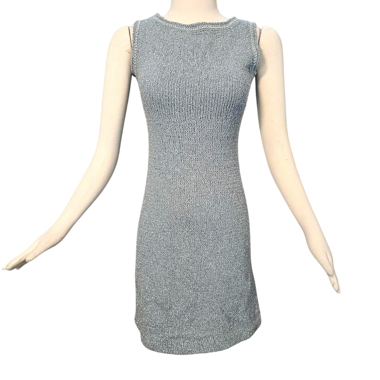 Vintage 1960’s Dress Minidress Silver Gray Metallic Knit Sleeveless Retro Disco
