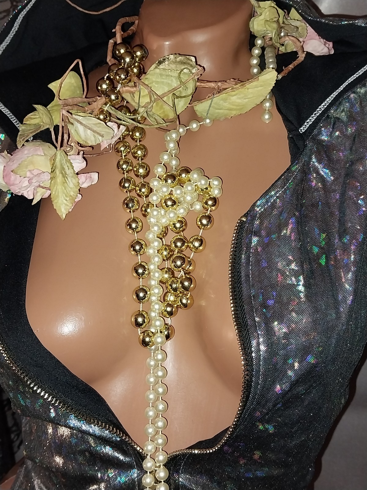 VTG SATIN SILVER FLASHBULB SHINY LIQUID FOIL ZIP HOODIE LEOTARD BODYSUIT TOP M40