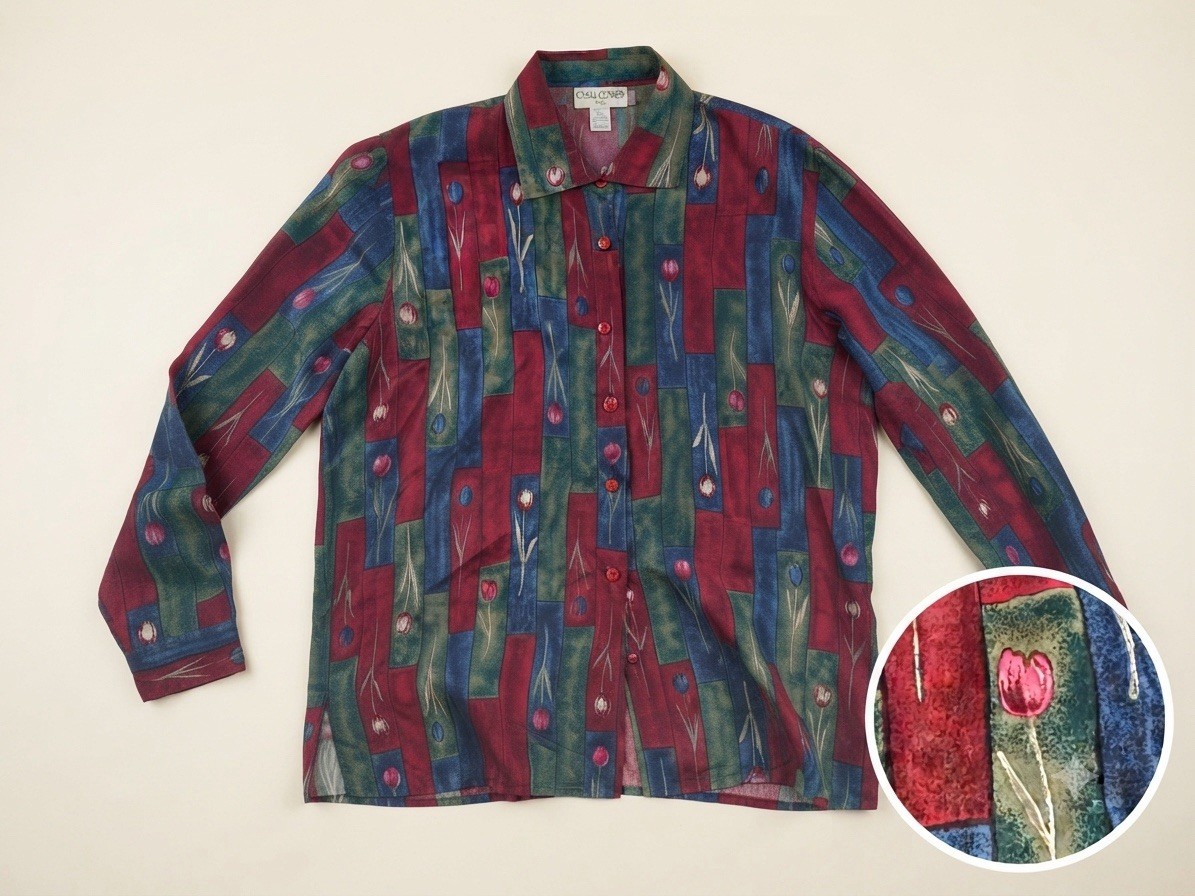 Vintage 90s Abstract Patchwork 100%Silk Blouse | Colorful Tulip Floral Button Up