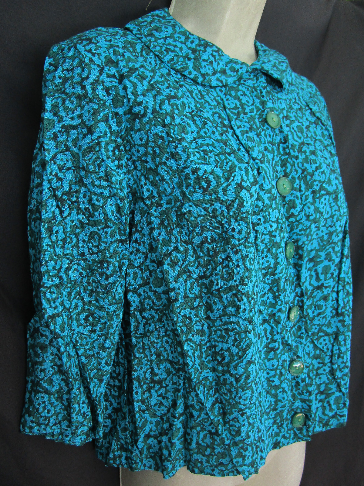 Vtg Rockabilly Rhoda Lee Button Up Secretary Blouse Blue Green Peter Pan Clr 18