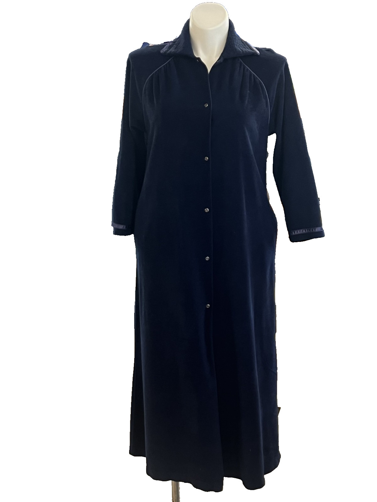 VTG Vanity Fair Blue Velour Housecoat Nightgown Front Snap Size M Long Classic