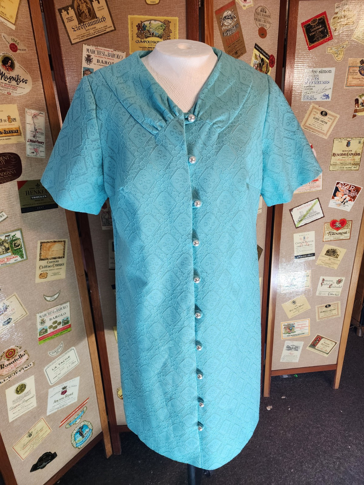 Toni Todd Aqua Blue Dress Lace Faux Pearl Buttons Vintage Lady Laura 1960S