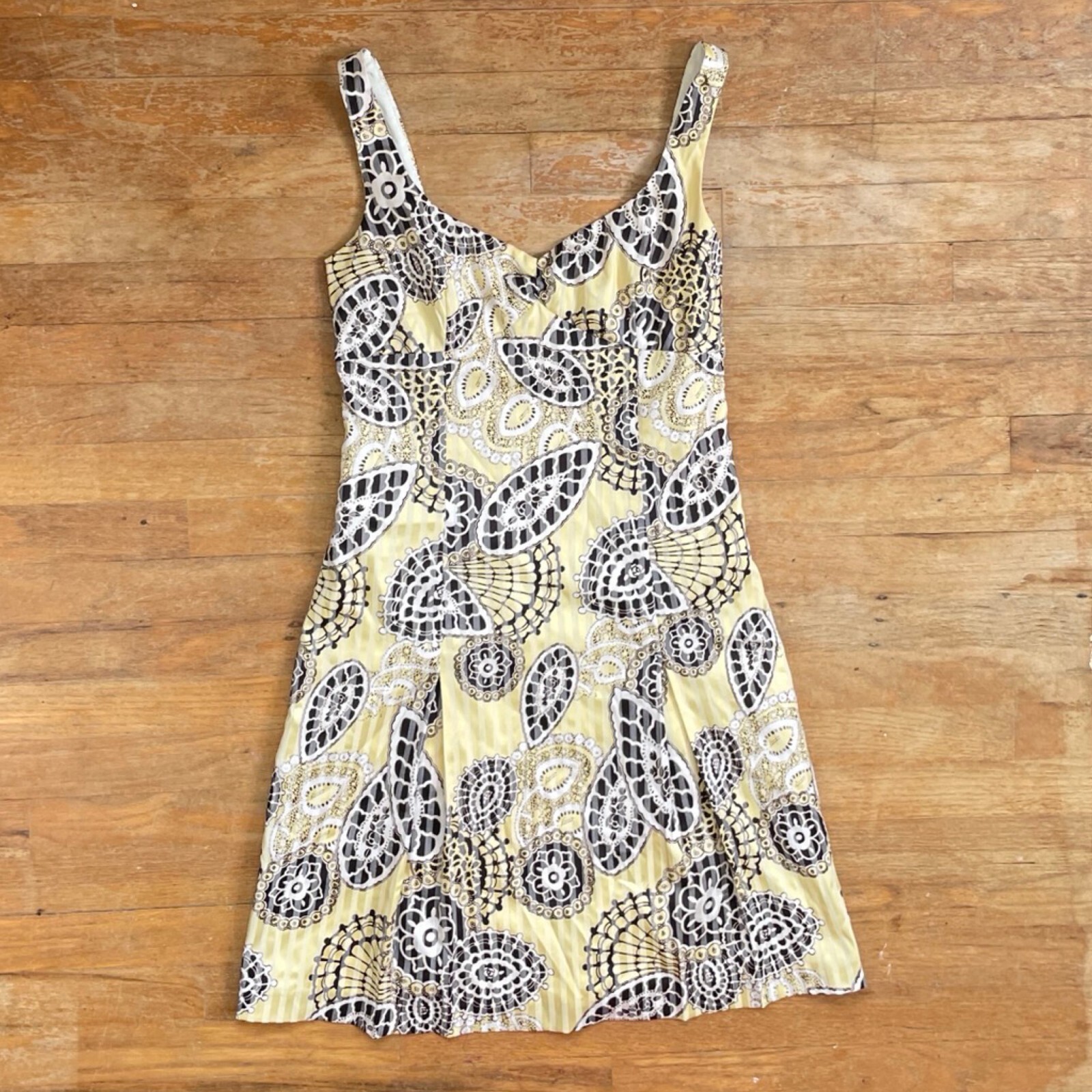 Vintage Alberto Makali Dress Yellow Brown Abstract Cotton Lined Size Medium