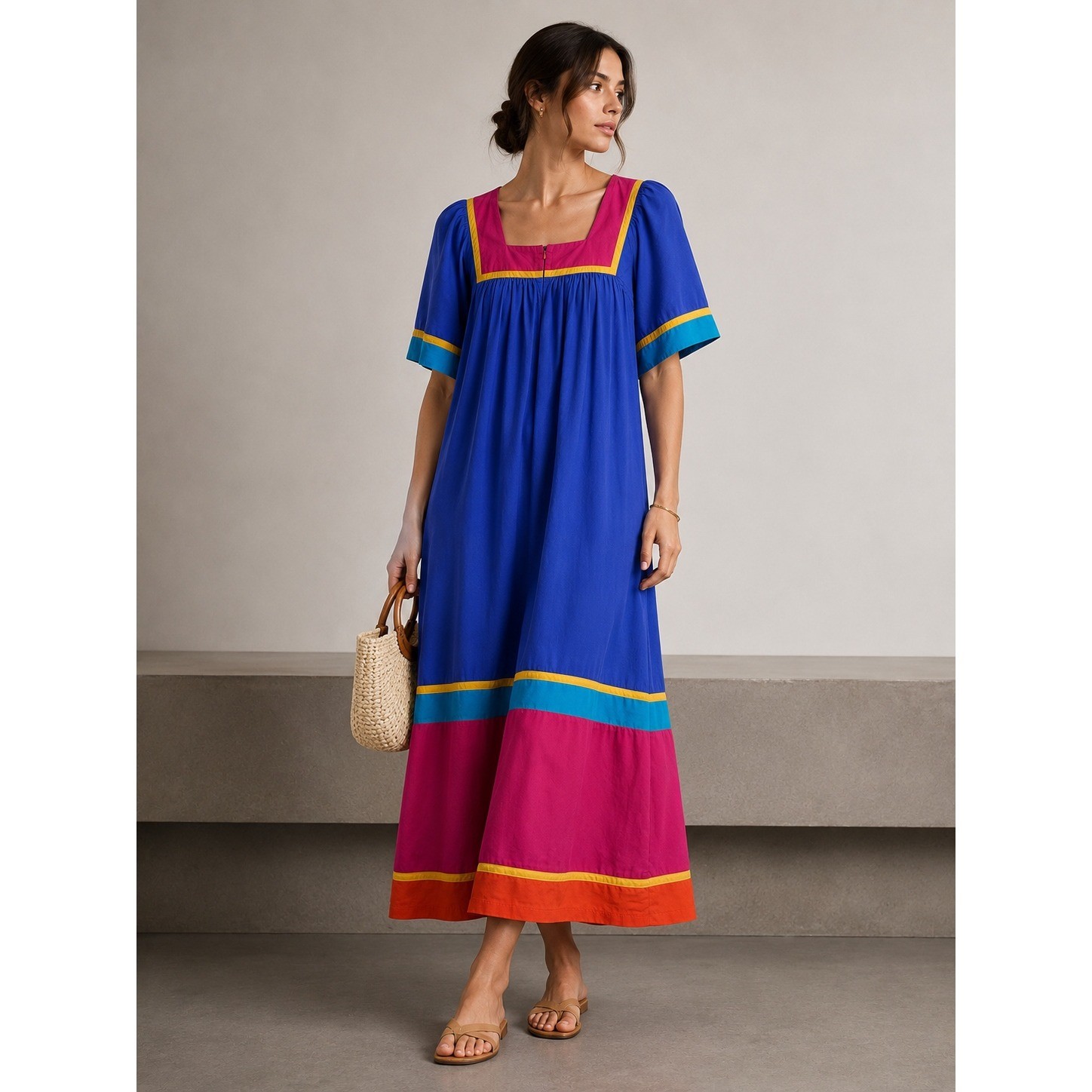 Vintage Appel Mumu Dress Blue Pink Color Block Square Neck Maxi zip up Lounger