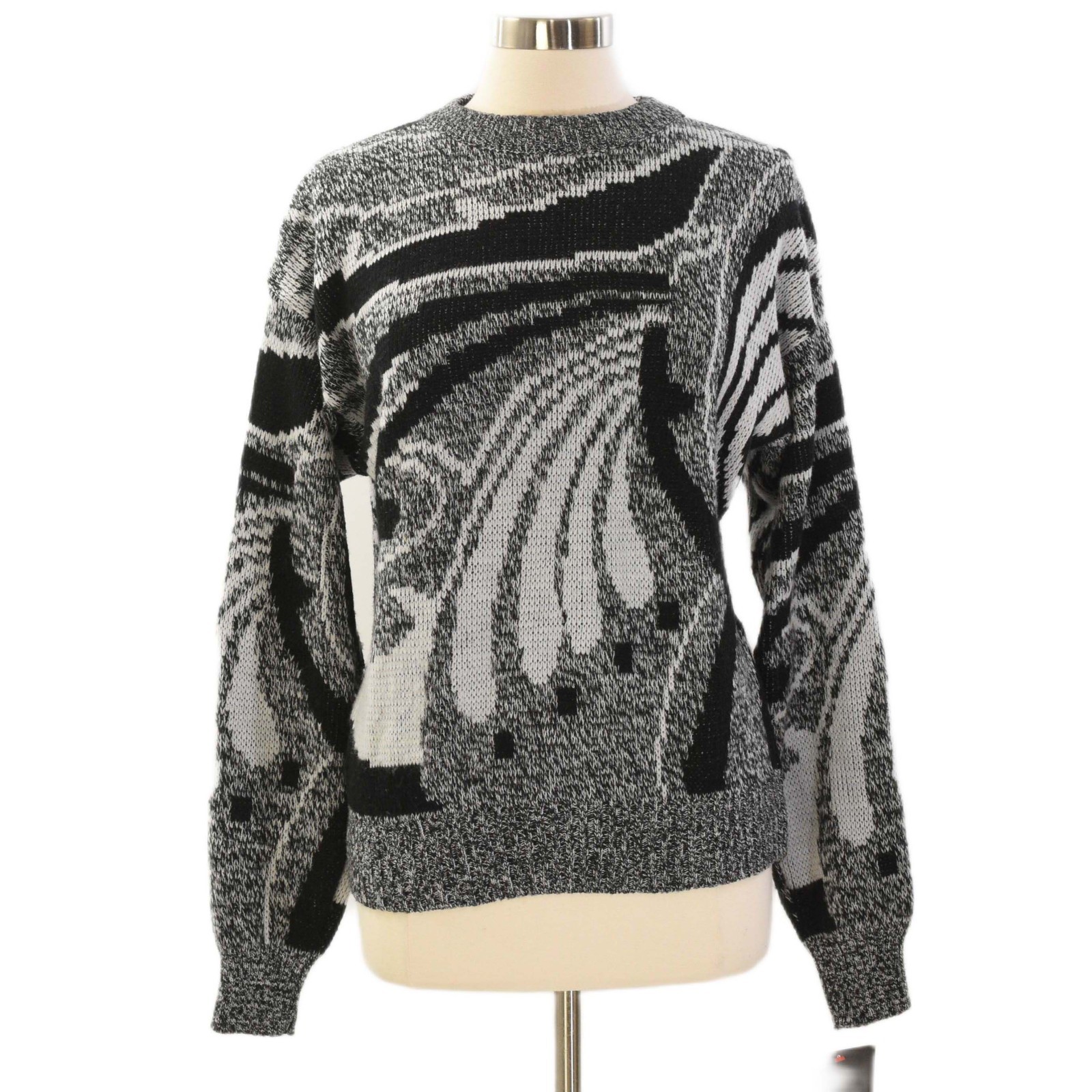 80s Vintage Art Deco Sweater Womens L Relaxed Fit Black White Heather Gray