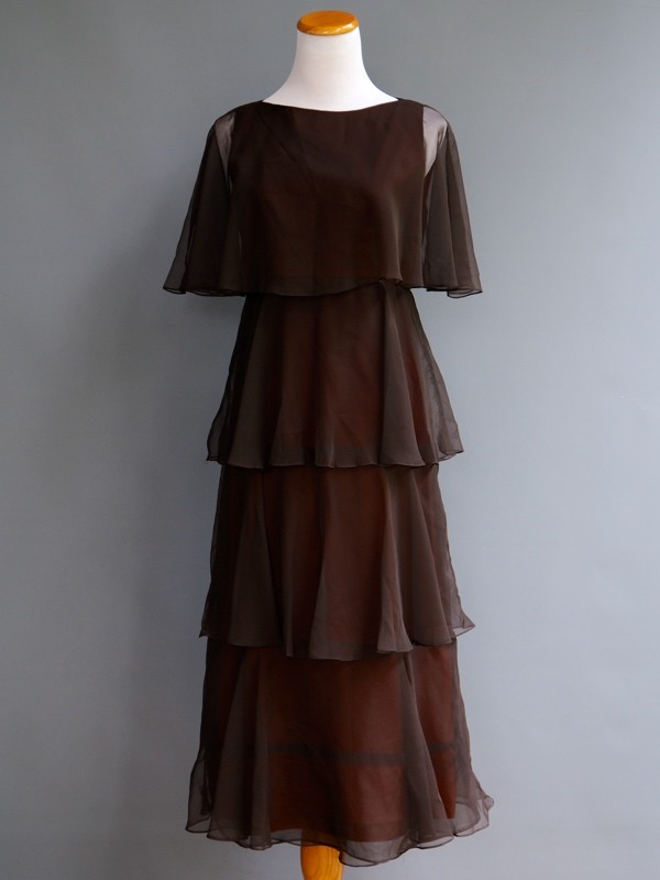 VTG 70s Marita Anthony Muto Diaphanous Tiered Brown Sheer Chiffon Disco Dress S