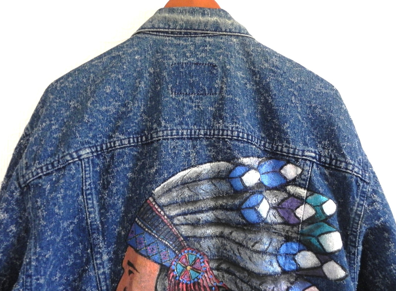 Levis One of a Kind Trucker Distressed Denim Native Chief Hand Painted Size L