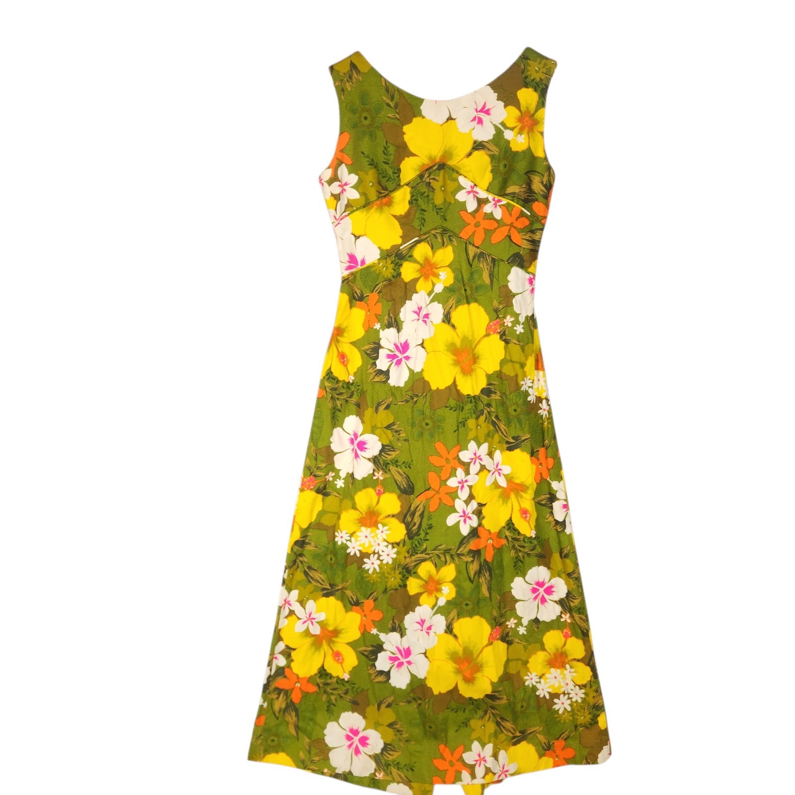 Vintage Penneys Hawaii Maxi Dress Small Multicolor Tropical Floral Barkcloth 60s