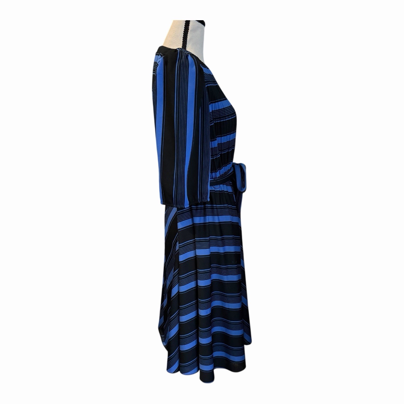 Vintage 70s S.L. Petites Blue Black Striped Tie Waist Midi Dress Made in USA S/M