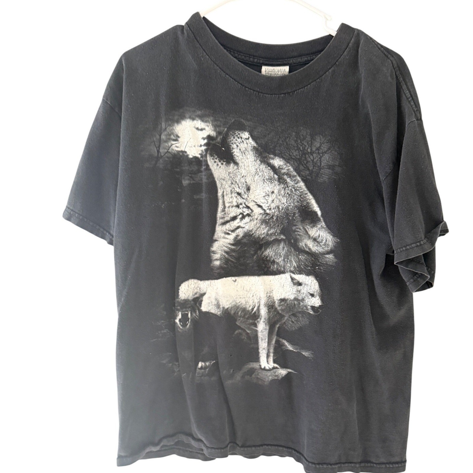 National Heritage Wolf Graphic T Shirt Black Vintage Y2k Howling Moon L