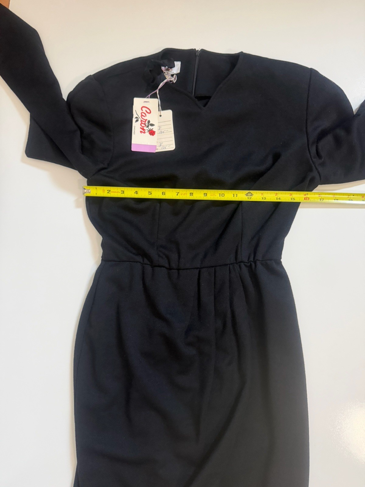 Vintage Caron Chicago Black Draped Sheath Midi Dress Womens 8 Long Sleeve
