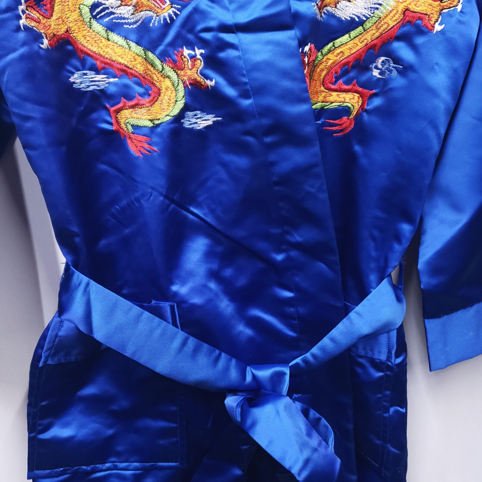 VTG Made In Korea Blue Silk Hand Embroidered Dragon Kimono Robe Lined Sz M