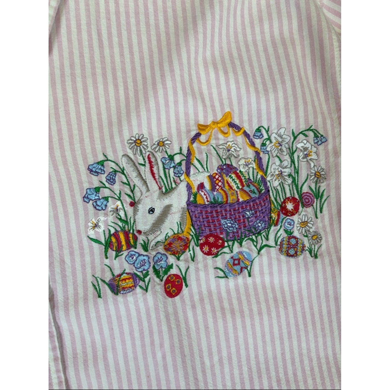 Vtg Casey Coleman Pink Striped Embroidered Floral Cottage Easter Shirt Women L