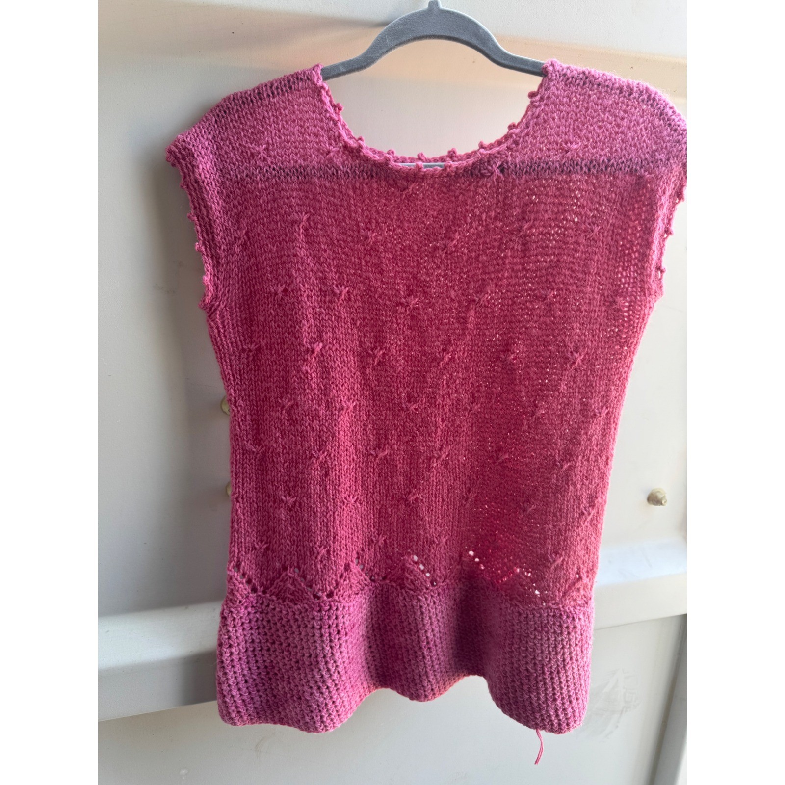 Vintage Handmade Knit Top Magenta Pink Sleeveless Pointelle Artisanal Boho