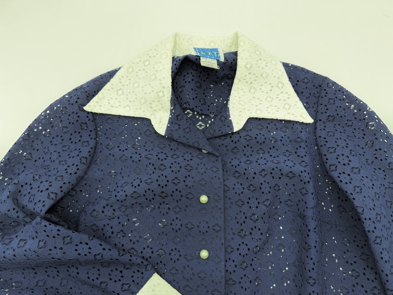 Vintage 1970s Eyelet Peek-a-boo Shirt Dress Navy/White 100% Poly USA NOSWOT