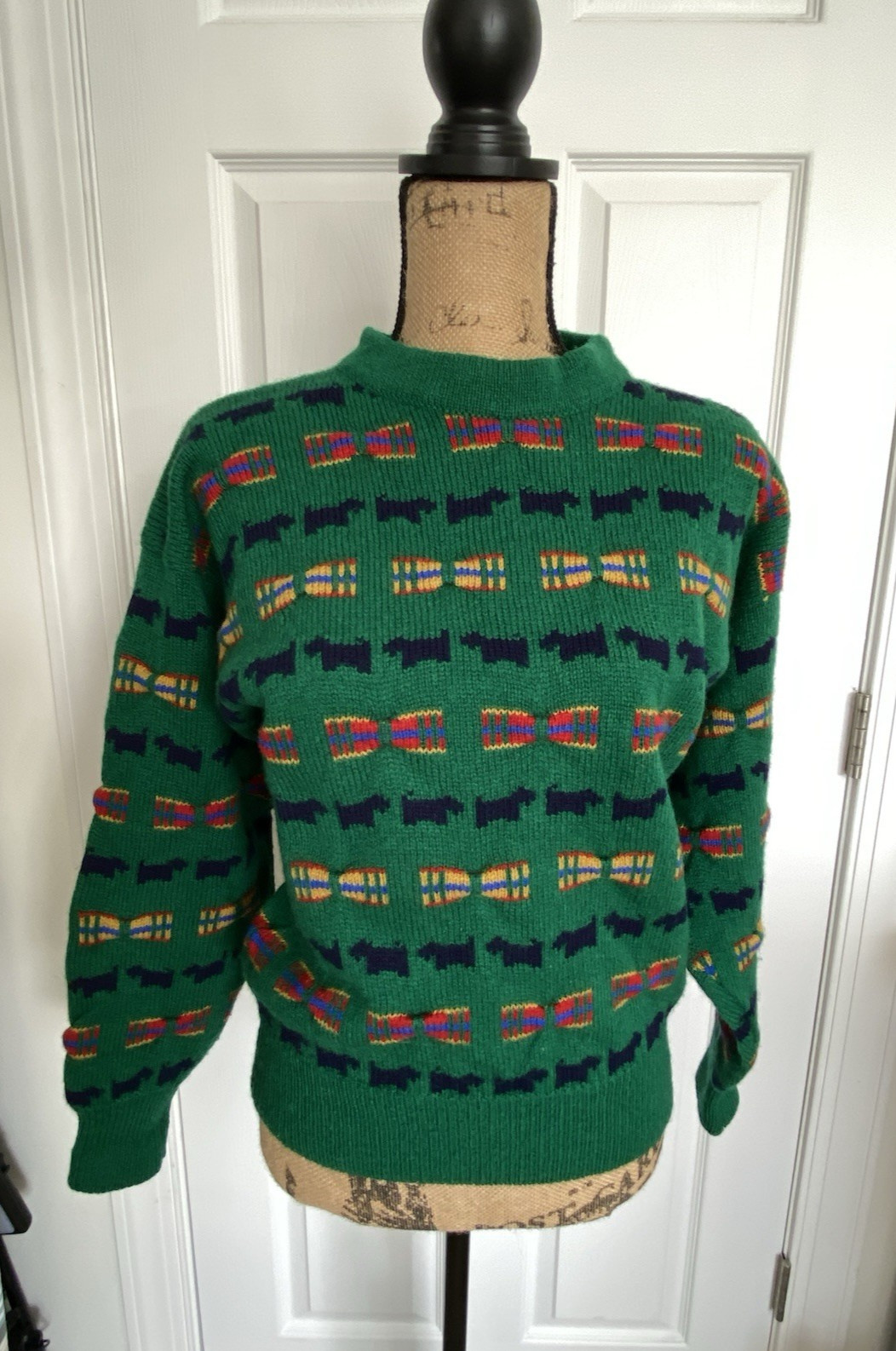 VTG 80s Scottie Dog Sweater MED Shetland Wool The Scotch House Green Plaid Bows