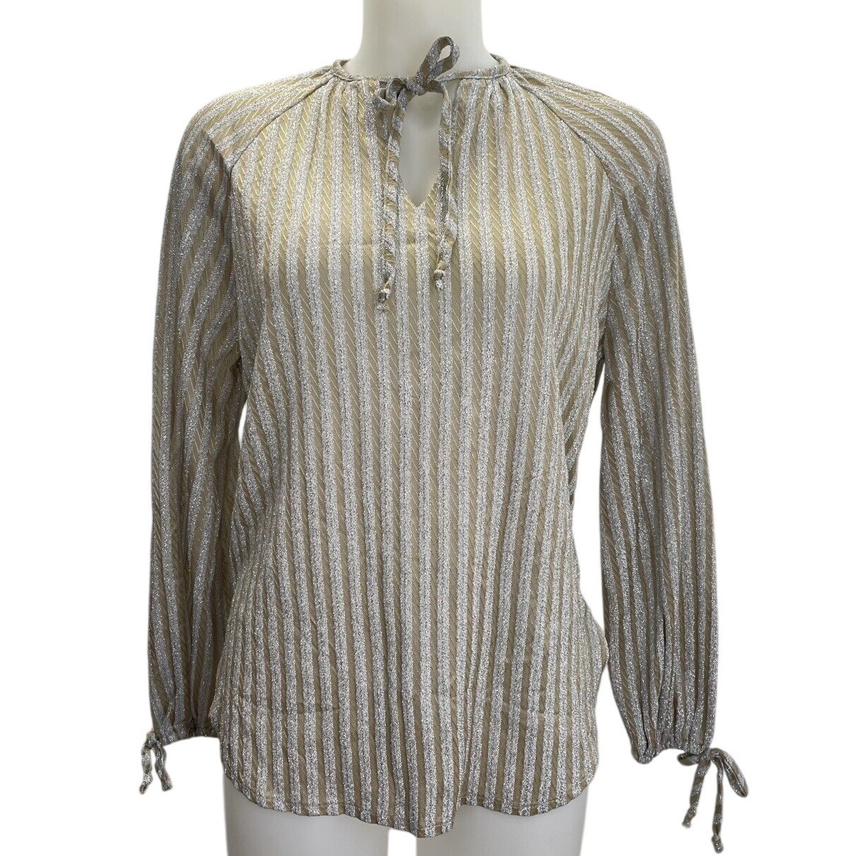 VTG 70s Metallic Disco Blouse Silver Gold Stripe Long Sleeves SZ 12 (NO BELT