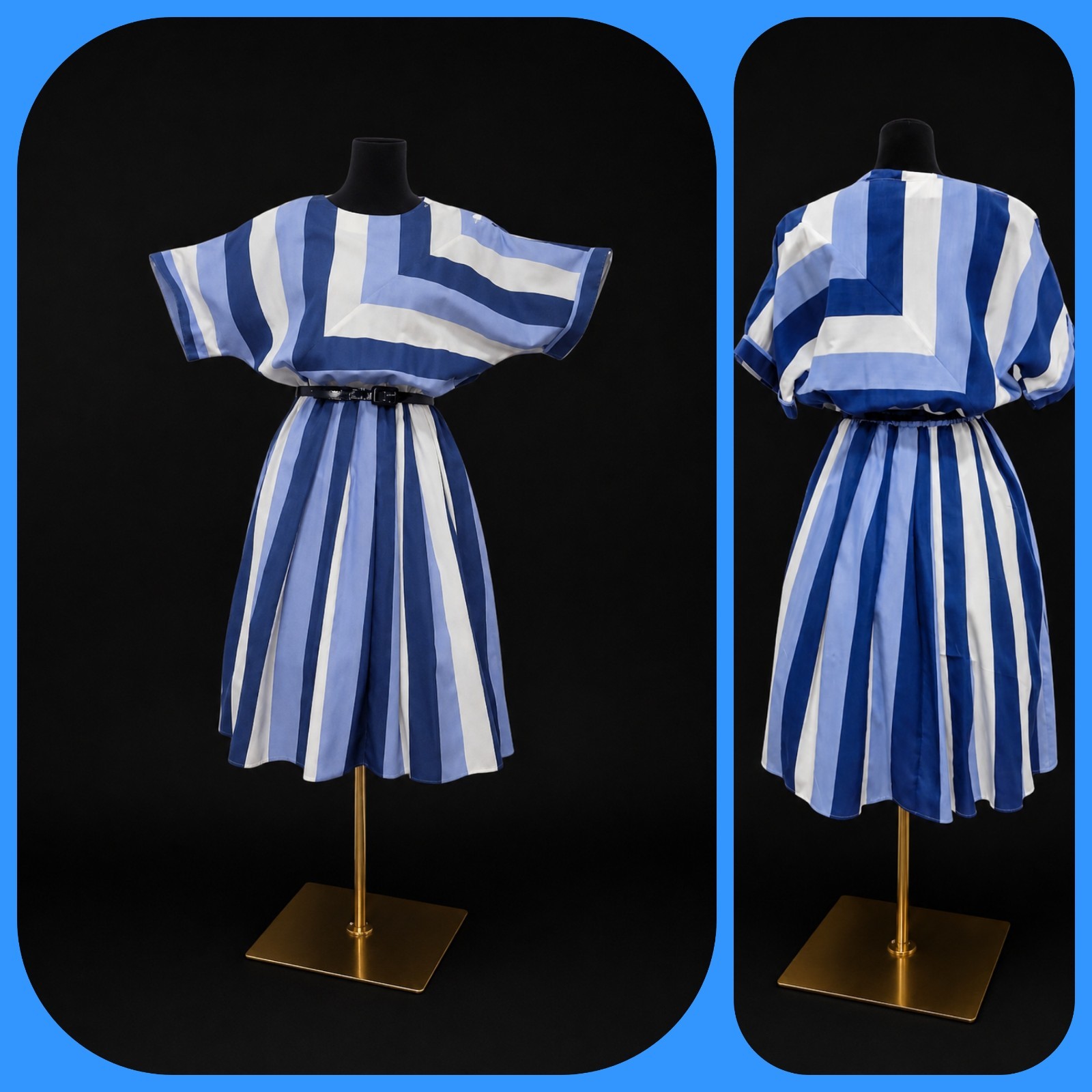 80s Blue White Striped Dolman Sleeve Pleated Dress Belted Nautical Party Dress