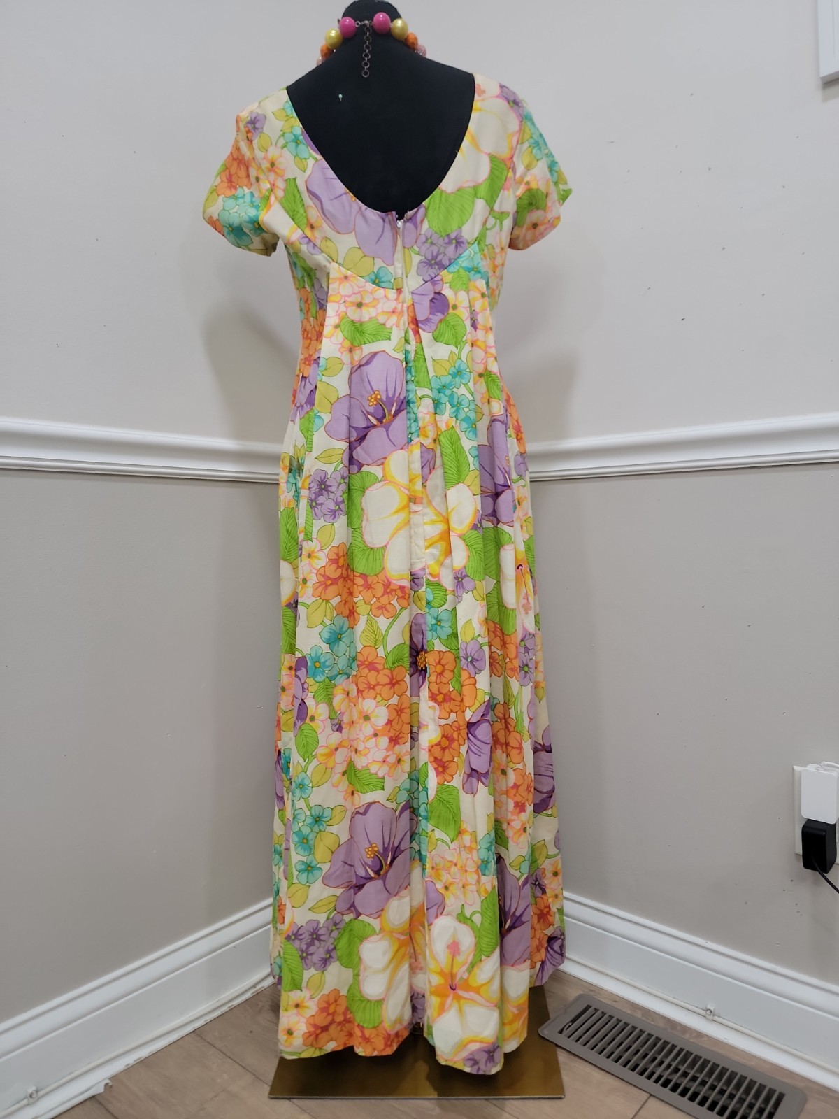 Vintage Made In Hawaii Psychedelic Floral Maxi Dress Tropical Boho Hippie