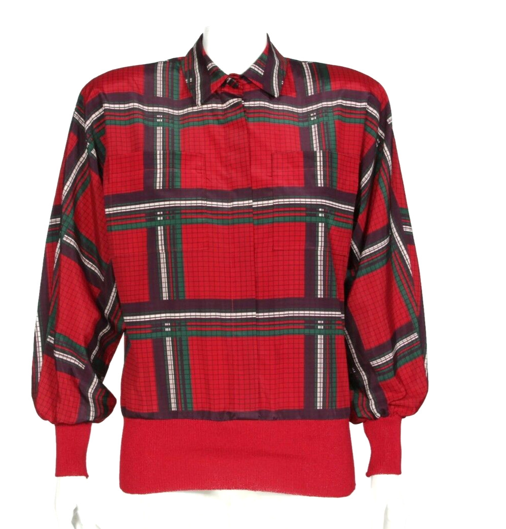 Vtg Red Green Purple Plaid Collar Stretch Waistband Balloon Sleeve Top sz M /449